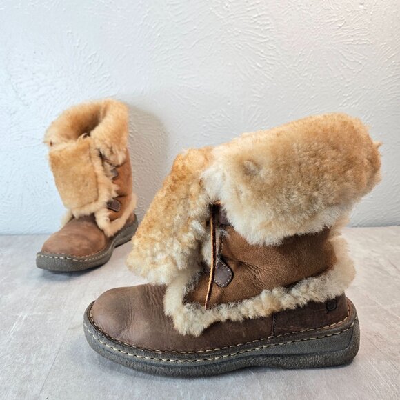 Born Shearling Boots Womens Sz 7 Brown Leather Fur Lined Lace Up Winter Booties - Picture 1 of 12